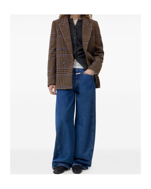 Closed Brown Check-Pattern Double-Breasted Blazer