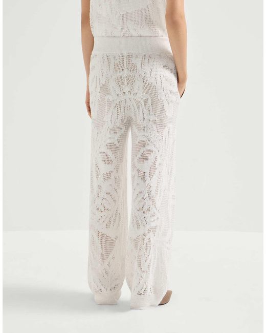 Brunello Cucinelli White Linen And Cotton Dazzling Water Lillies Knit Track Trousers