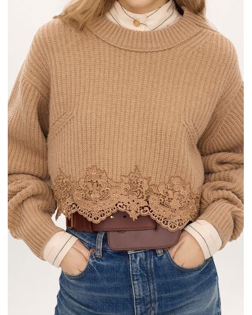 Chloé Natural Chloé Cropped Lace-Hem Knitted Sweater