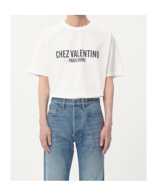Valentino White Chez Printed Crewneck T-Shirt for men