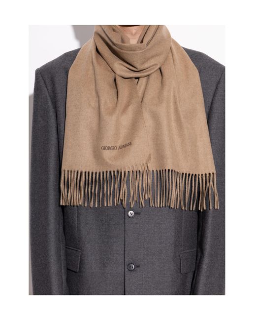 Giorgio Armani Natural Logo Embroidered Fringed Scarf for men