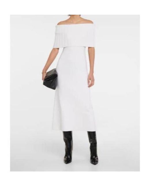 Safiyaa White Risette Off-Shoulder Wool Midi Dress