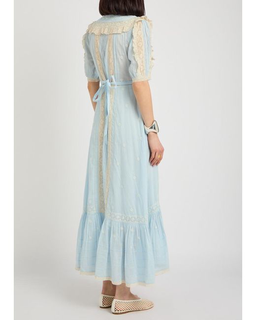 Rixo Blue Lace-Trim Cotton Midi Dress
