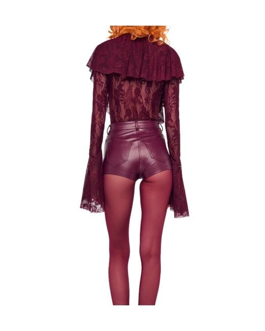 Norma Kamali Purple Long Sleeve Deep V Ruffle Bodysuit