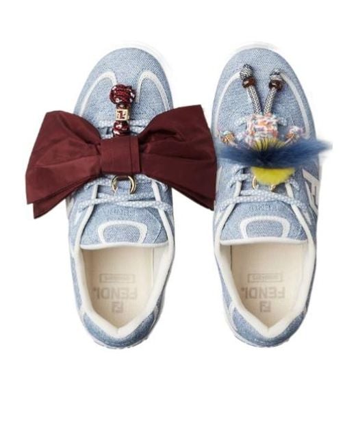 Fendi Blue Denim-Effect Printed Suede Platform Sneakers With Charms