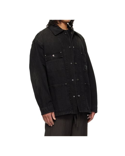Wooyoungmi Black Leather Collar Washed Denim Jacket for men