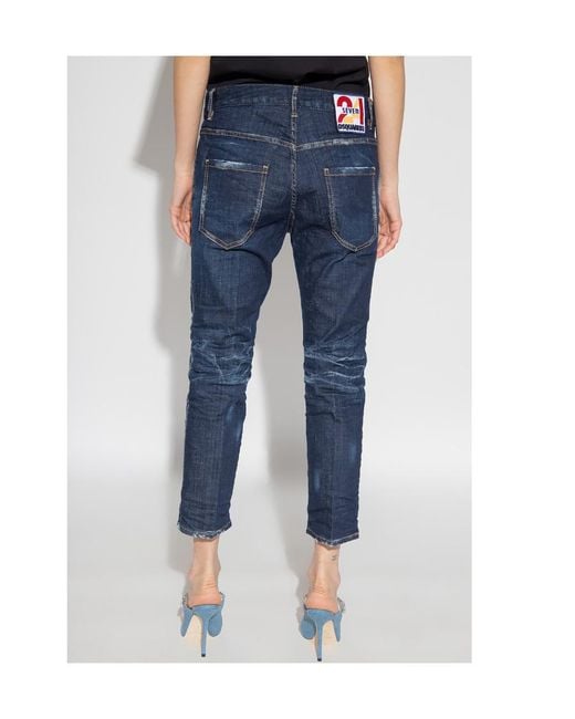 DSquared² Blue Straight-Leg Cropped Distressed Jeans