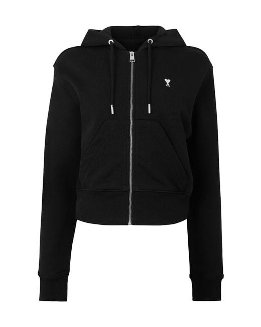AMI Black Cropped Fullzip Hooded Sweatshirt
