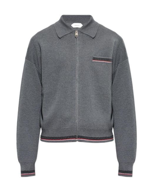Versace Gray Zip-Up Pattern-Trim Cardigan for men