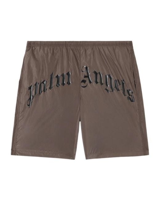 Palm Angels Gray Curved Logo Swimshorts for men