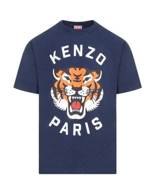 KENZO Blue Lucky Tiger Logo Printed Crewneck T-Shirt for men