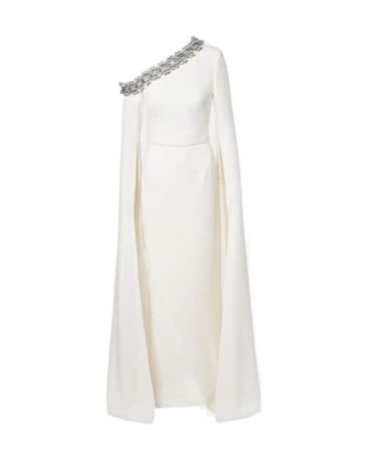 Safiyaa White Rinna Floral-Appliqué One-Shoulder Gown