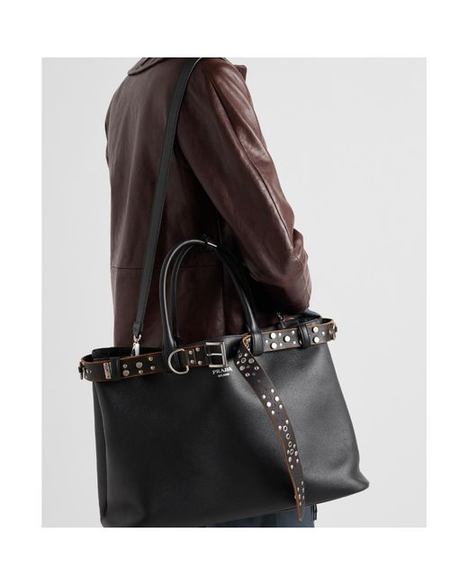 Prada Black Buckle Leather Bag With Studded Belt for men
