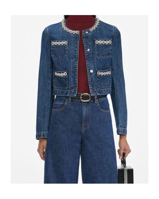 Self-Portrait Blue Embellished Trim Denim Jacket