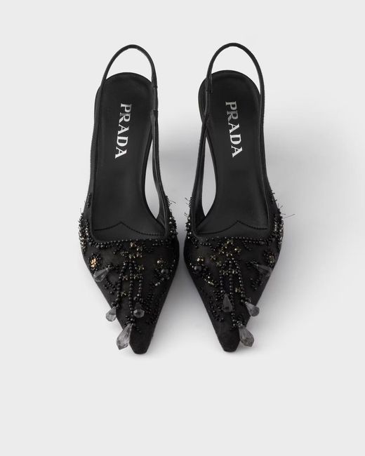 Prada Black Embroidered Satin Slingback Pumps