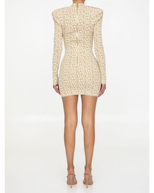 Balmain Natural V-Neck Monogram Knitted Dress