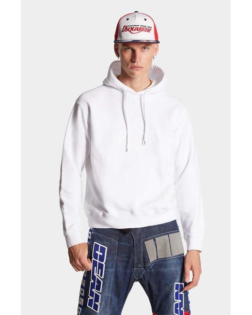 DSquared² White Logo Embossed Drawstring Hoodie for men
