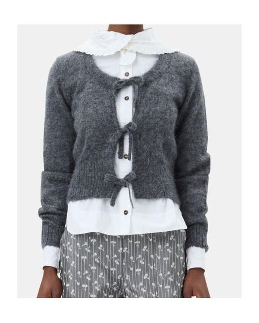 Ganni Gray Tie-Fastening Knit Cardigan