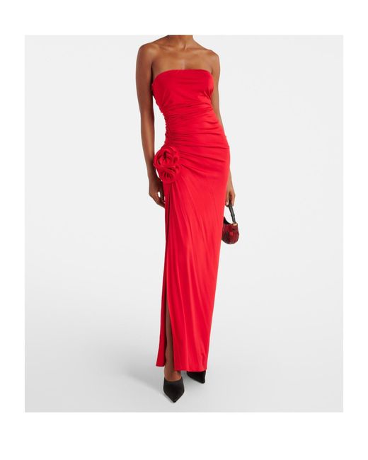 Magda Butrym Red Floral-Appliqué Ruched Jersey Maxi Dress
