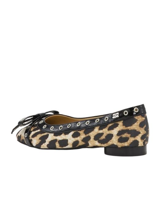 Ganni Brown Leopard Eyelet Bow Ballerinas
