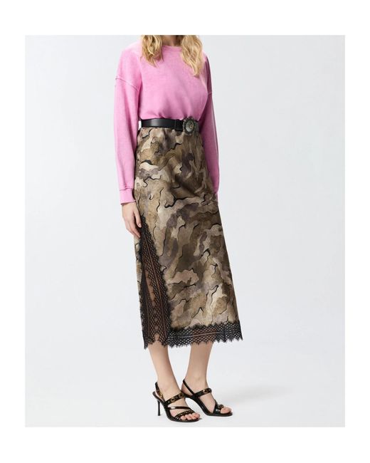 Pinko Natural Camouflage-Print Lace-Trim Midi Skirt