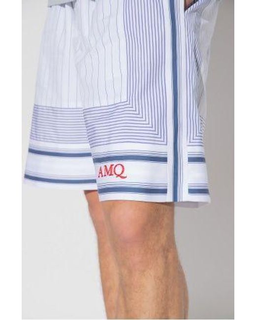McQueen Blue Logo Embroidered Striped Shorts for men