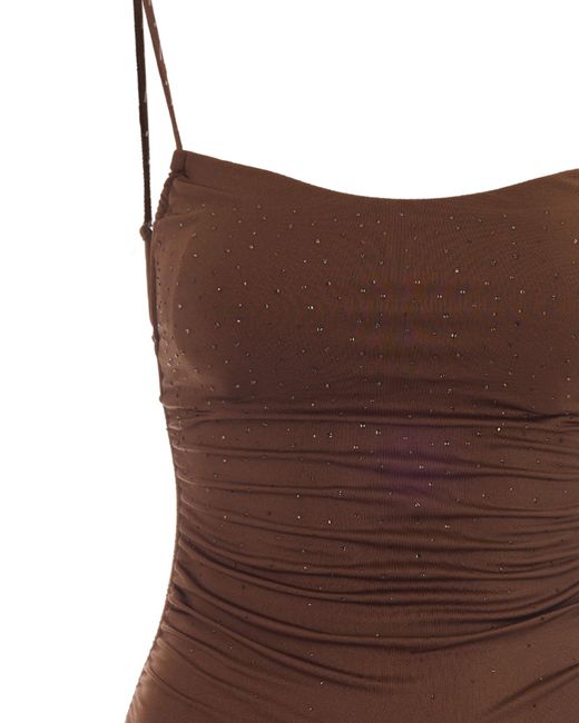 Mc2 Saint Barth Brown Crystal-Embellished Ruched Swimsuit