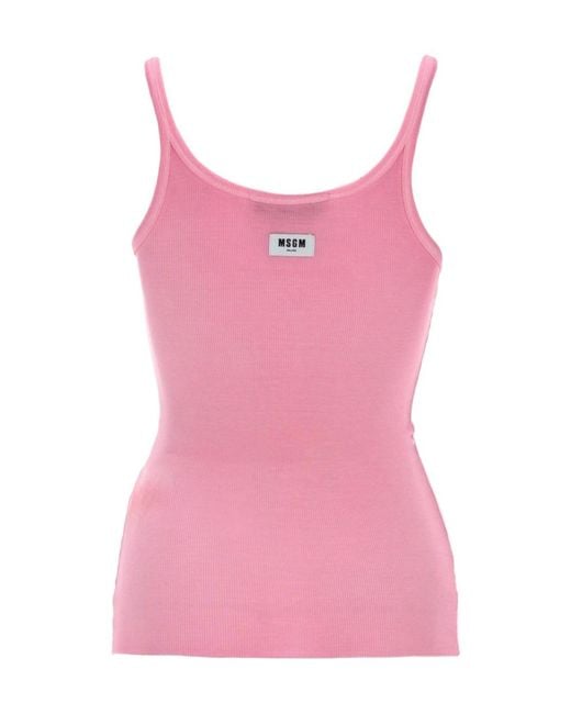 MSGM Pink Ribbed Logo Tank Top