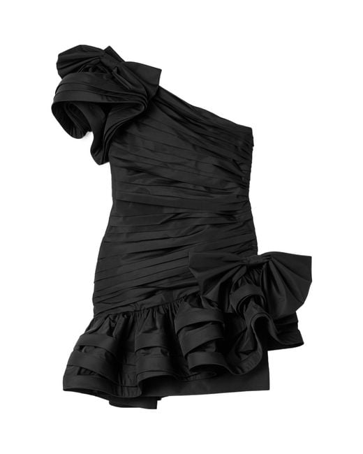Alessandra Rich Black One-Shoulder Bow-Embellished Ruched Taffeta Mini Dress