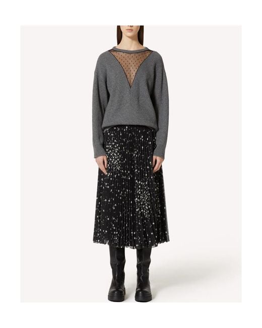 RED Valentino Black Star-Printed Pleated Midi Skirt