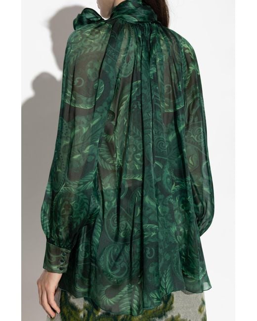 Etro Green All-Over Patterned Bow Detailed Blouse