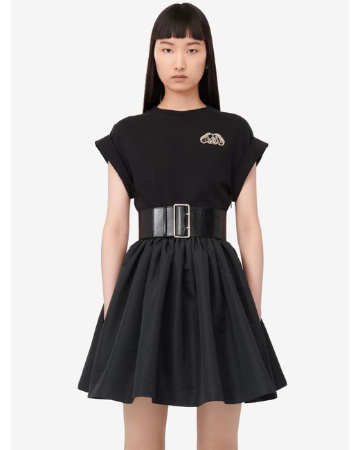 McQueen Black Seal-Logo Panelled Crewneck Mini Dress