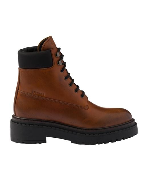 Prada Brown Logo-Debossed Lace-Up Ankle Boots