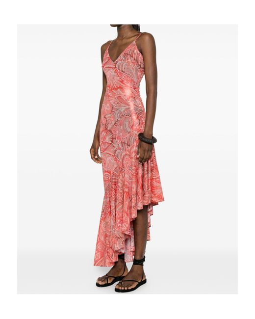 Etro Red Paisley Asymmetric V-Neck Dress