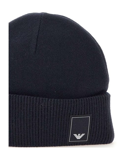 Emporio Armani Blue Logo Patch Turn-Up Brim Beanie for men
