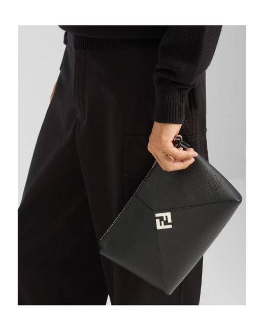 Fendi Black Lui Logo Plaque Zipped Clutch Bag for men