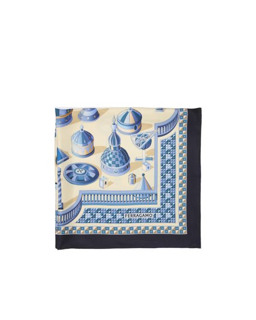Ferragamo Blue Ferragamo Printed Frayed-Edge Scarf