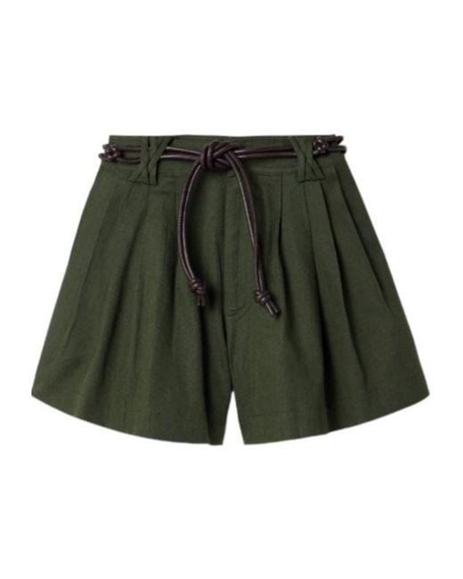 Sea Green Belted Pleated Cotton Linen-Blend Shorts