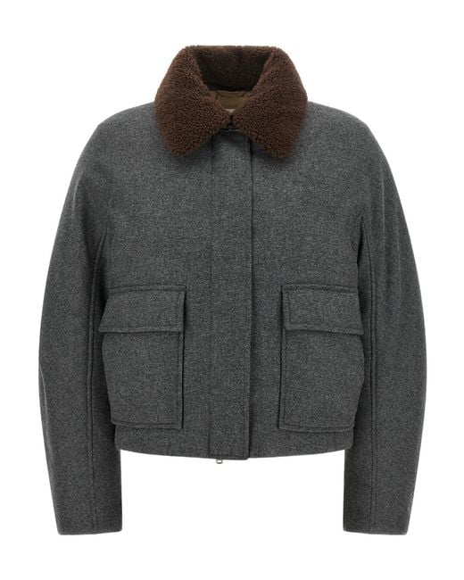 Brunello Cucinelli Gray Shearling Collar Cropped Jacket