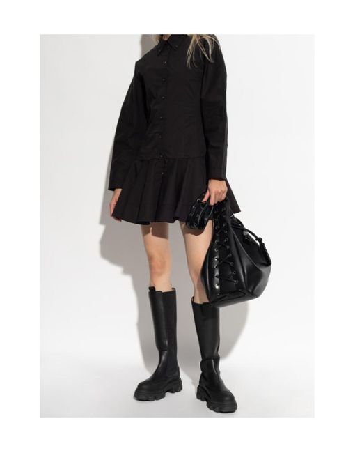 Ganni Black Ruffled Hem Detailed Mini Shirt Dress