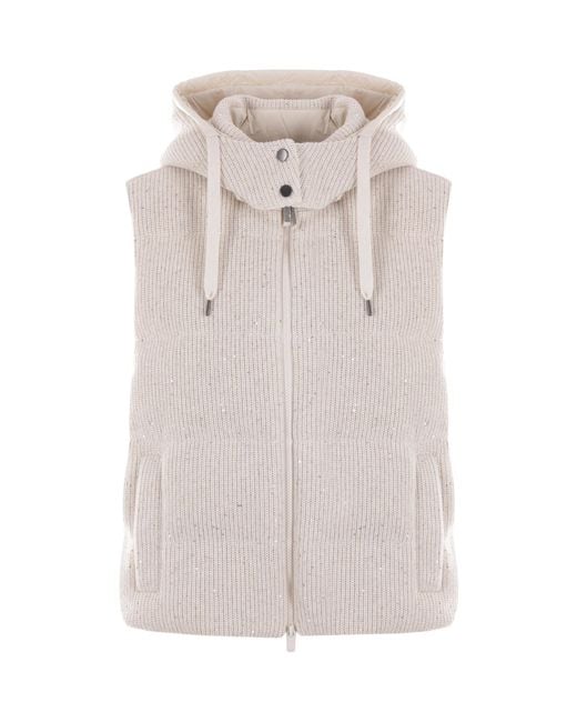 Brunello Cucinelli White Knitted Quilted Puffer Gilet