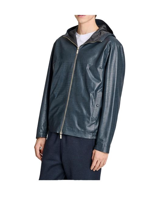 Berluti Blue Long-Sleeved Zipper Leather Jacket for men