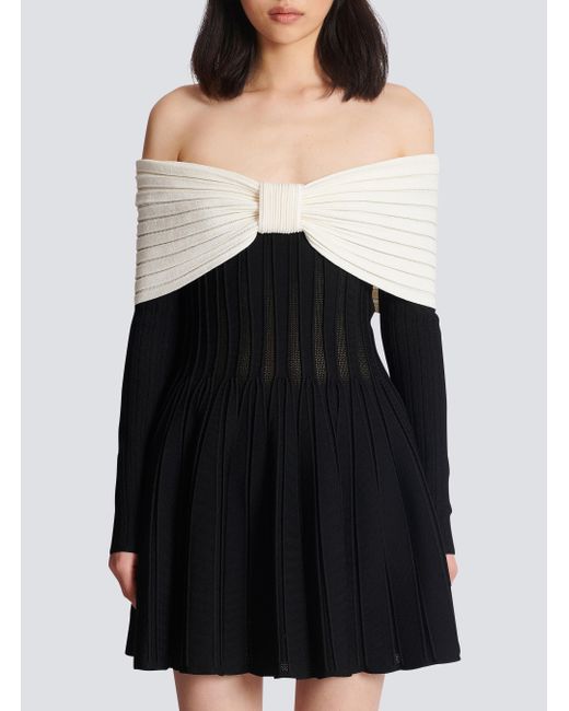 Balmain Black Off-The-Shoulder Skater Dress