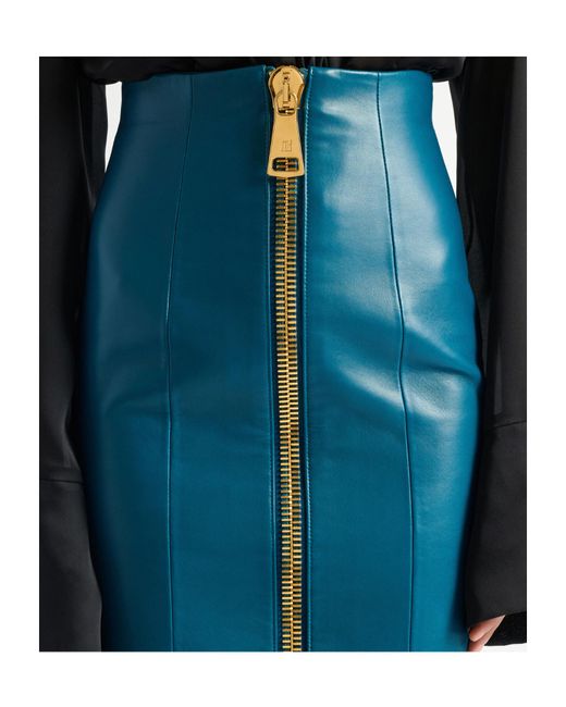 Balmain Blue Zipped Leather Skirt