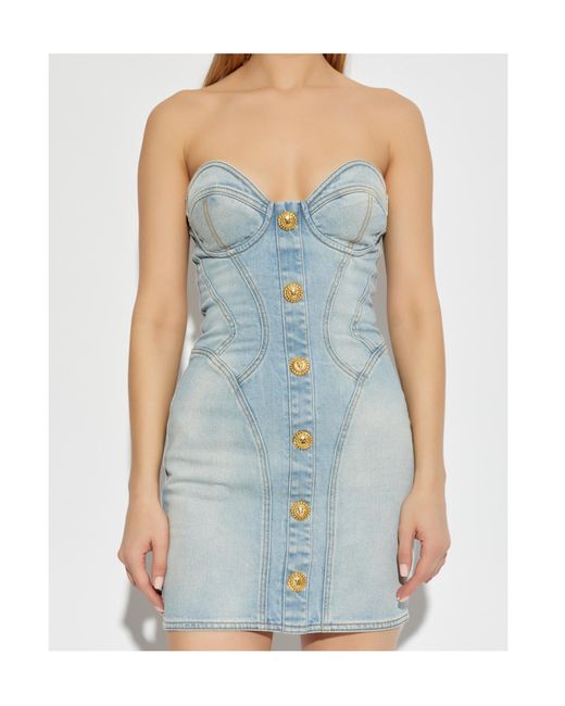 Balmain Blue Strapless Button Detailed Denim Dress