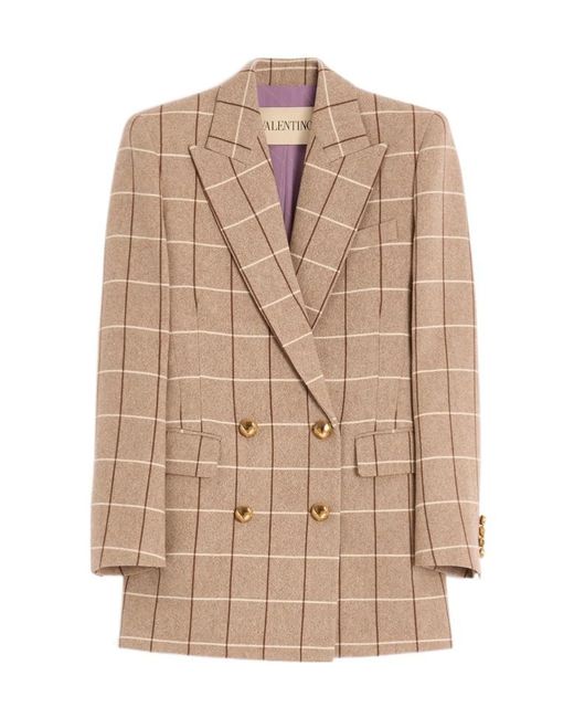 Valentino Natural Windowpane-Check Double-Breasted Blazer