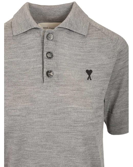 AMI Gray Logo Embroidered Knitted Polo Top