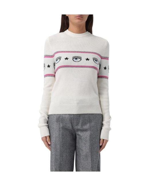 Chiara Ferragni Gray Eyelike-Motif Crewneck Knitted Jumper