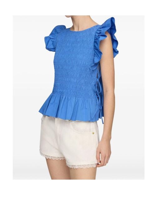 Ganni Blue Short Angel Sleeved Top