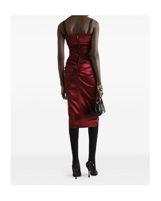 Dolce & Gabbana Red Battened Bodice Midi Satin Dress
